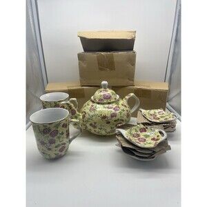 Charlotte Yellow Chintz Tea Serverware, Teapot, Set of 13